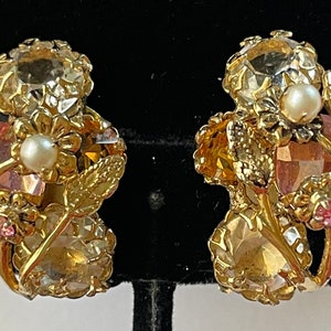 Vintage Schreiner N.Y Earrings~ Glass Cabs/Rhinestone/Seed Pearl~ Clear/Pink/Citrine~ Gilt Filigree~ Signed