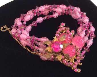 Alluring Vintage Miriam Haskell Bracelet~Pink/Fuchsia Art Glass/Beads/Rhinestones/Gilt Filigree~Signed