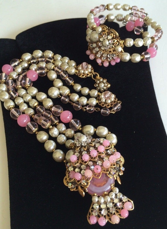 Vintage Miriam Haskell Necklace & Bracelet Set~pink Glass