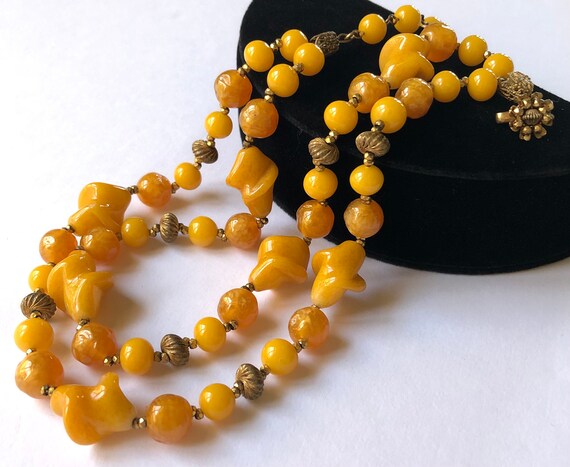 Vintage Miriam Haskell Necklace ~double Strand~ Yellow Glass Beads