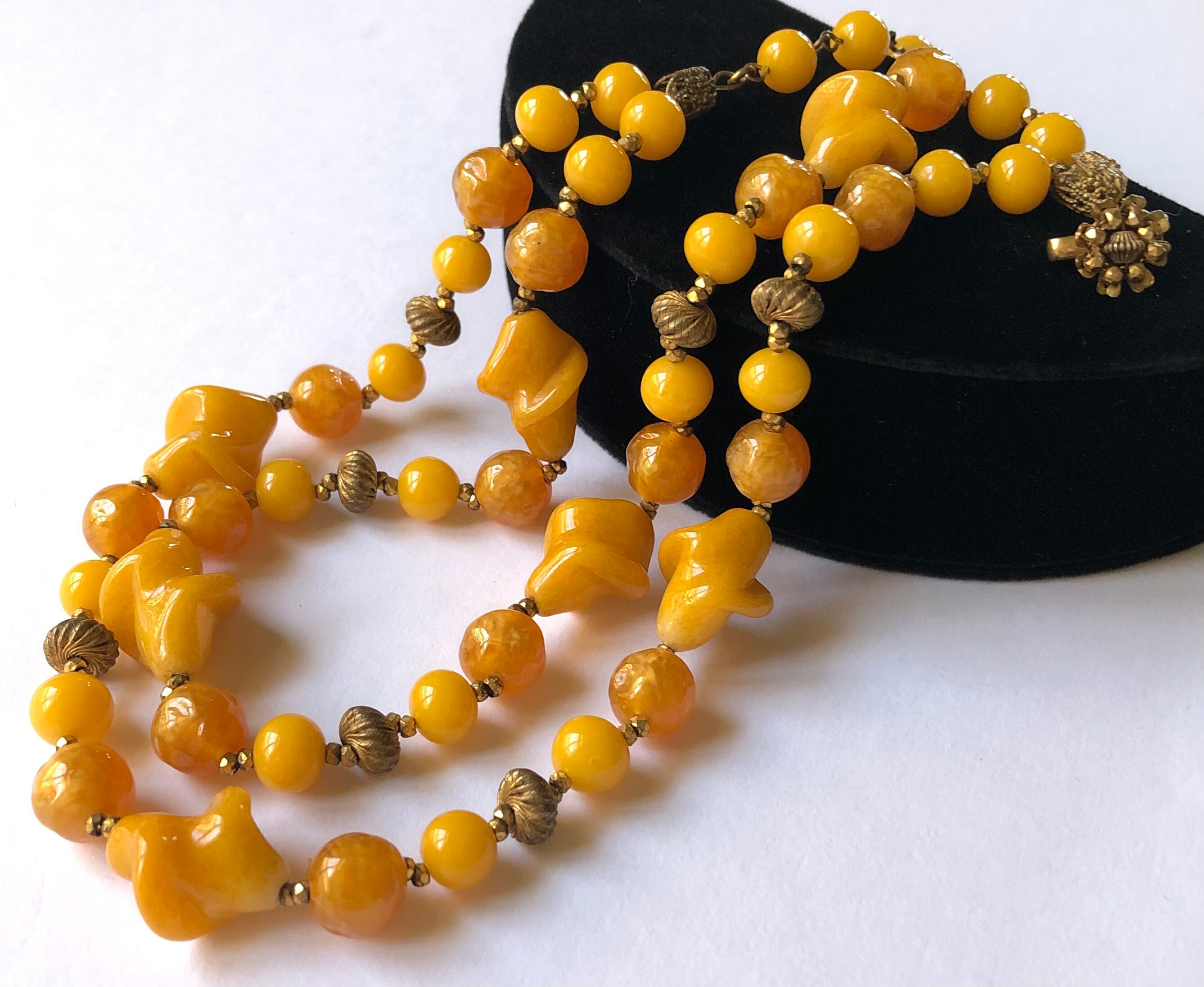 Vintage Miriam Haskell Necklace ~double Strand~ Yellow Glass Beads