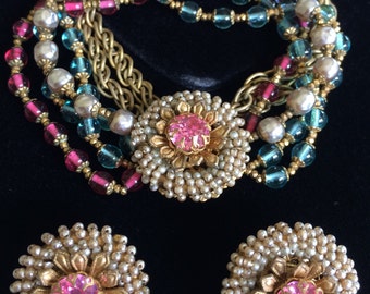 Glorious Vintage Miriam Haskell Multi-Strand Bracelet & Earrings Set~Pearls/Cranberry-Blue Glass/Pink Crystals/Gold Tone~Signed