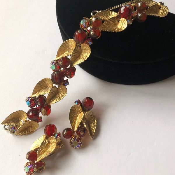 Jahrgang Schiaparelli Armband & Ohrringe Set"rot/Aurora Borealis Perlen/Strass/Gold Ton" signiert