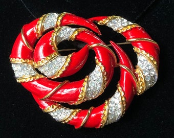 Vintage Trifari Brooch Pin~Red Enamel/Clear Rhinestones/Gold Tone~Signed