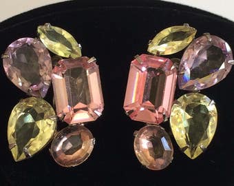 Beautiful Vintage Miriam Haskell Earrings~Pastel Glass Rhinestones/Gold Tone~Signed