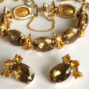 Gorgeous Vintage Schiaparelli Bracelet & Earrings Set~ Smoky Topaz/Amber Rhinestones-Gold Tone~ Signed