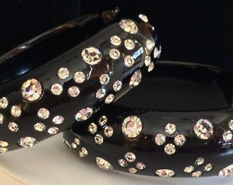 Vintage Weiss Clamper Bracelet~Set Of Two~Thermoplastic/Celluloid~Black/Clear Rhinestones~Signed