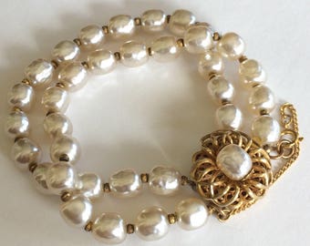 MIRIAM HASKELL リボンブレスレット Vtg MIRIAM HASKELL Signed Faux Pearl & Rhinestone Floral