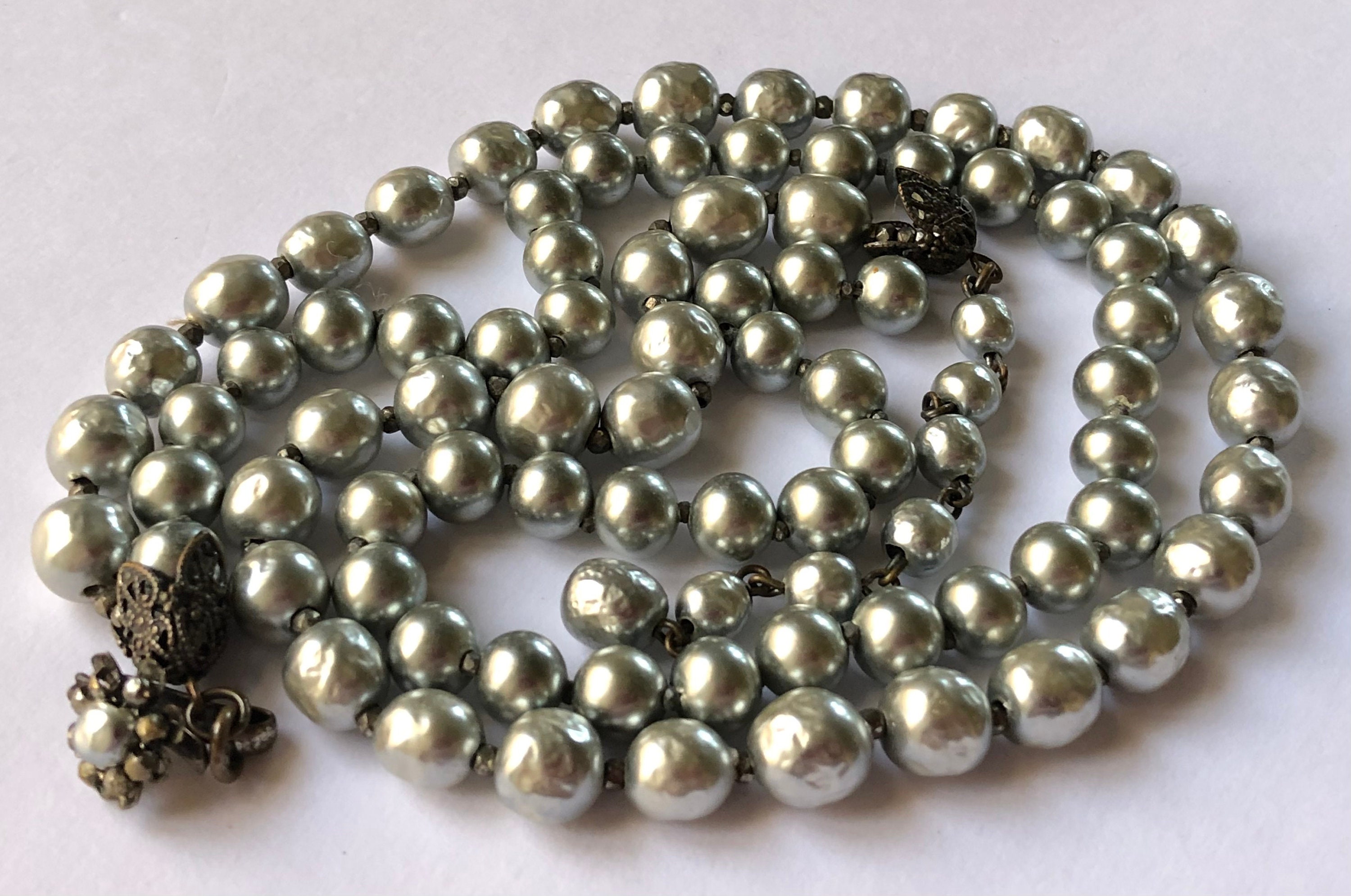Vintage Miriam Haskell Silver Gray Baroque Pearl Necklace~ Double