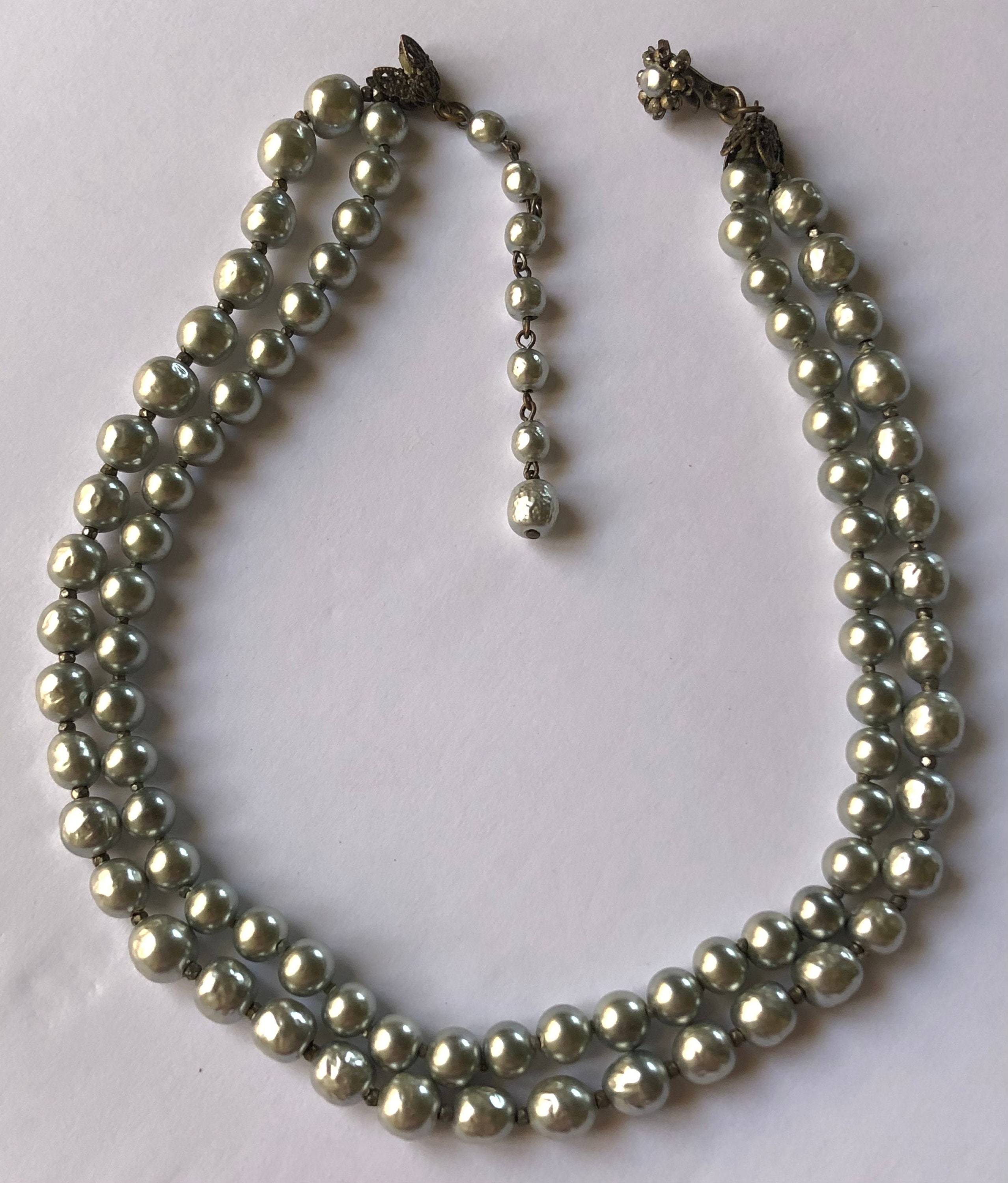 Vintage Miriam Haskell Silver Gray Baroque Pearl Necklace~ Double