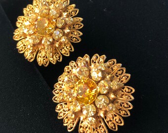 Sparkling Vintage Miriam Haskell Earrings~Citrine Rhinestones/Gold Tone Filigree~Signed