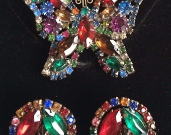 Gorgeous Vintage Weiss Butterfly Brooch Pin & Earrings Set~Multi-Color Rhinestones/Gold tone~Signed