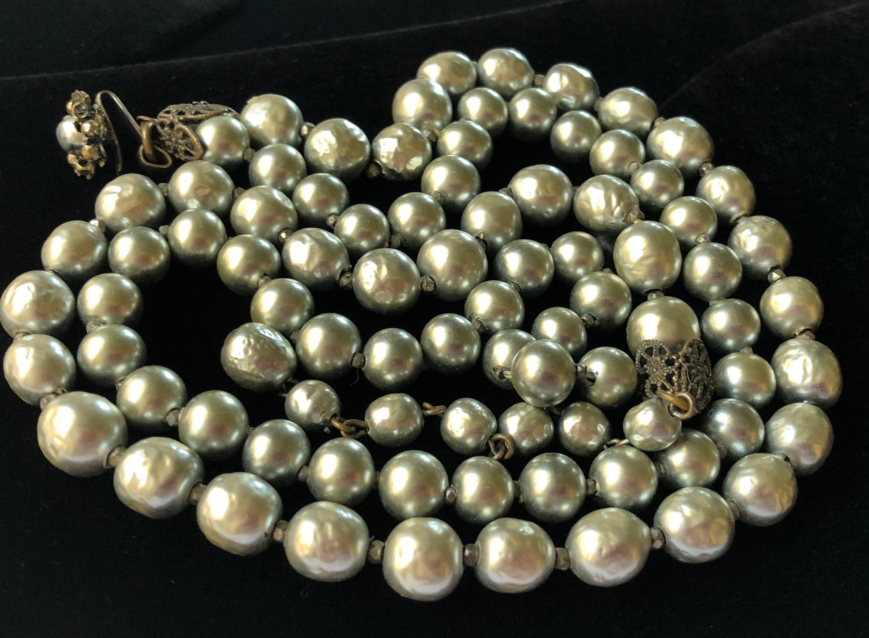 スワロフスキー✳️廃盤 boali antique green シルバー925 Vintage Miriam Haskell Silver Gray Baroque Pearl Necklace~ Double