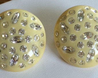 Vintage Weiss Earrings~Thermoplastic/Celluloid~Cream/Oval Clear Rhinestones~Signed