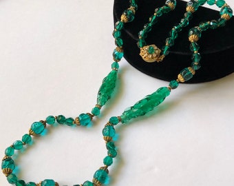 Vintage Miriam Haskell Necklace~ Bottle Green Glass Beads/Gilt Filigree~ Signed