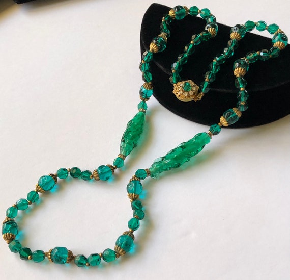 Miriam Haskell Vintage Malachite Green Glass Double Strand