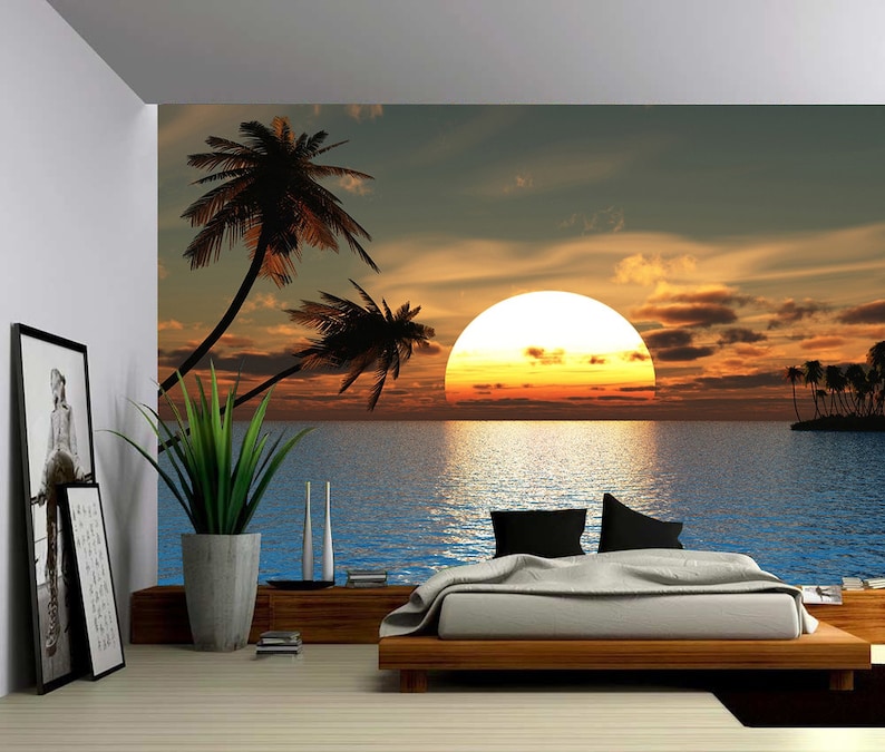 Tropical Sunset Ocean Palm Tree Large Wall Mural Etsy