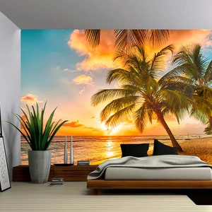 Palm Beach at Sunset - Large Wall Mural, Self-adhesive Vinyl Wallpaper, Peel & Stick fabric wall decal