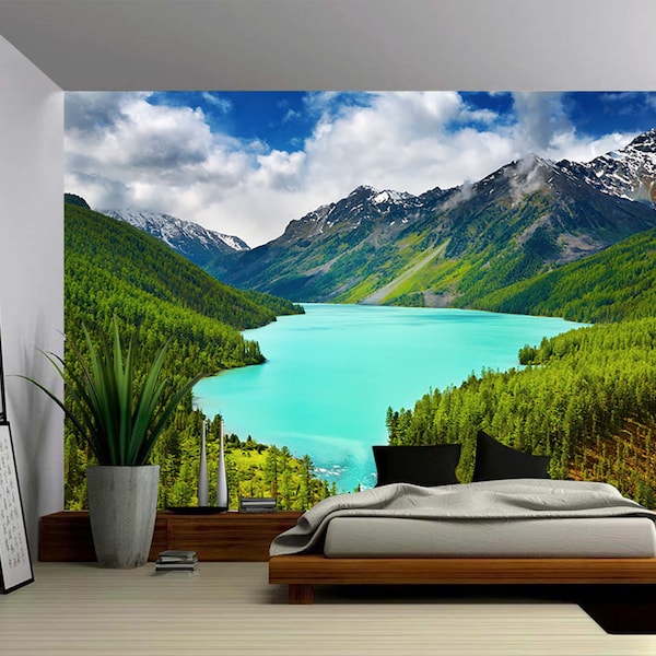 Mountain Lake Green Forest - Large Wall Mural, Self-adhesive Vinyl Wallpaper, Peel & Stick fabric wall decal