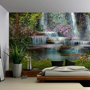 Enchanted Waterfall Fantasy Forest - Large Wall Mural, Self-adhesive Vinyl Wallpaper, Peel & Stick fabric wall decal