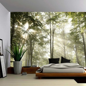 Forest Tree Rays of Light - Large Wall Mural, Self-adhesive Vinyl Wallpaper, Peel & Stick fabric wall decal