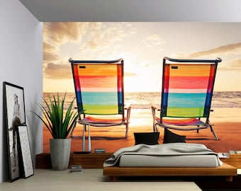 Beach Chairs at Sunset - Large Wall Mural, Self-adhesive Vinyl Wallpaper, Peel & Stick fabric wall decal