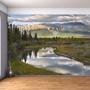 Nature Mountain Forest River - Large Wall Mural, Self-adhesive Vinyl Wallpaper, Peel & Stick fabric wall decal