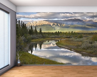 Nature Mountain Forest River - Large Wall Mural, Self-adhesive Vinyl Wallpaper, Peel & Stick fabric wall decal