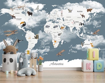 World Map Wall Mural, Children Map with Animal - Self-adhesive Wallpaper, Peel & Stick fabric wall decal