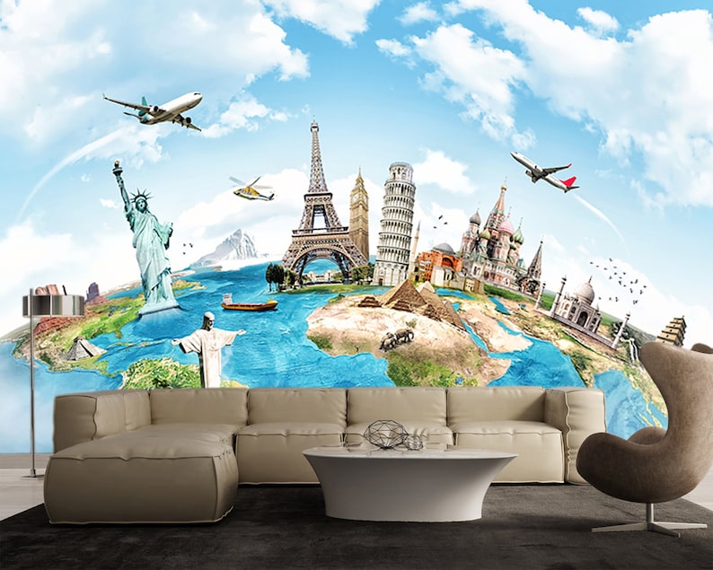 Travel World Map Large Wall Mural Selfadhesive Vinyl Etsy