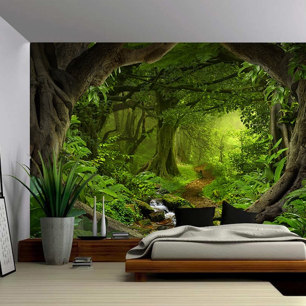 Fantasy Enchanted Magical Forest - Large Wall Mural, Self-adhesive Vinyl Wallpaper, Peel & Stick fabric wall decal