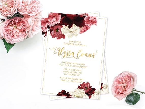 Burgundy and White Floral Invitation - Printable - bridal shower, birthday, baby shower, Christening Il_570xn