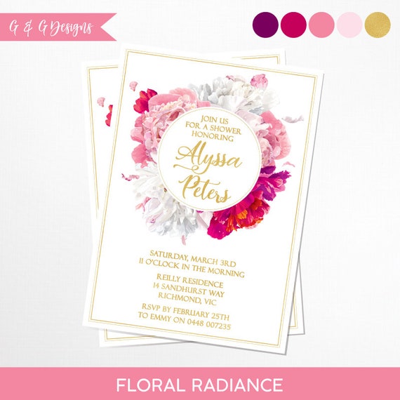 Pretty in Pink Floral Bridal Shower Invitation - Printable - birthday, baby shower, Christening Il_570xn