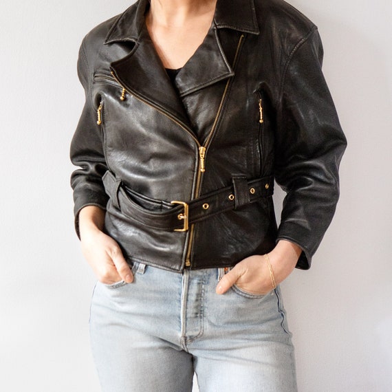 Vintage Women's Black Belted Soft Leather Cropped
