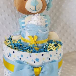 Cloud and Stars Theme Diaper Cake, Baby Shower Gift, Baby Shower Decoration, Boy Diaper Cake, Teddy Bear Theme Baby Shower, Unique Baby Gift