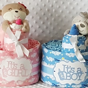 Twin Diaper Cake| Teddy Bear Baby Shower Decoration | Teddy Bear Party Centerpiece | Monkey Theme | Blue Pink Twin Baby Gift