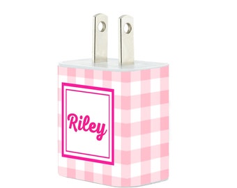 Monogram Pink Gingham Phone Charger  - Graduation Gift for Her - Phone Accessories - Teacher Gift - USB - Mother's Day