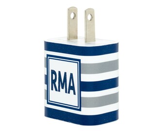 Monogram Navy Silver Stripe Phone Charger  - Graduation Gift - Phone Accessories - Apple Certified - Father's Day - iPhone - USB