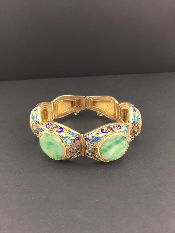 Vintage Chinese Export Enamel and Jade Bracelet