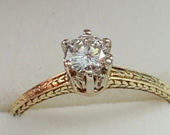 Vintage Engraved Band One Third Carat Diamond Engagement Ring
