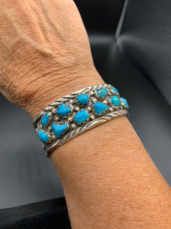 Navajo Handcrafted Marked Turquoise Sterling Stamped Cuff Bracelets