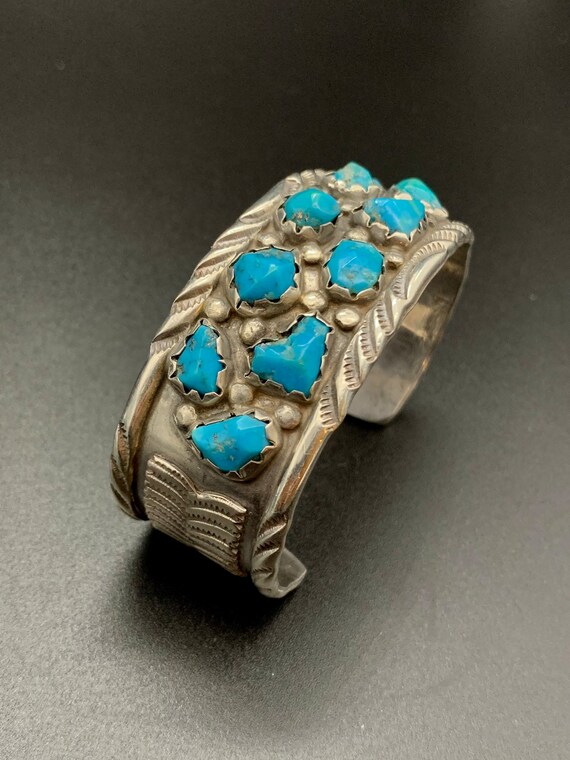 Navajo Handcrafted Marked Turquoise Sterling Stamped Cuff Bracelets main image 1