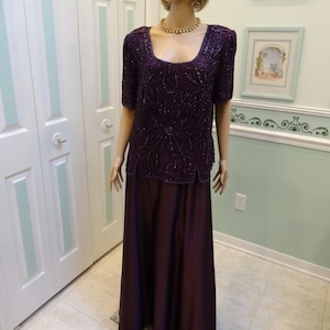 Sale..BEADED PURPLE GOWN, size 18 womens, formal evening gown,floor length,short sleeves, A line flare skirt