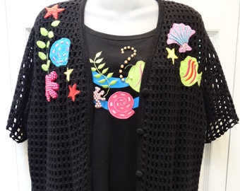 sale, WOMEN'S SWEATER SET, Black, 2 Piece, cotton,  large,  appliqued, beaded,  jacket and matching t-shirt, with appliques, assorted beads