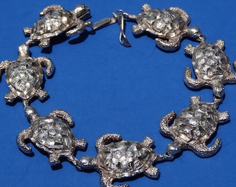 SALE Sterling Silver Turtle Bracelet: Faceted Sea Life Jewelry, 8 inch