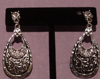 SILVER DANGLING PIERCED Earrings with rhinestone accents, circa 2000, 1.75 long by 1 inch, silver metal filigree style
