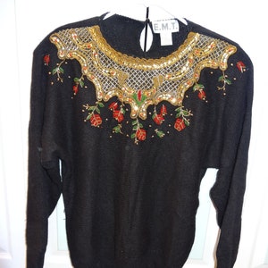 Sale item,Womens, holiday, BLACK, BEADED SWEATER, gold, green, red, size large, long sleeve, silk, mohair, angora / lambs wool, imported. image 1