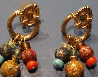 Vintage Beaded Dangle Earrings: Antique Gold Tone, 1990s