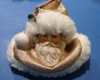 Porcelain Santa Christmas Ornament: Gold Lame Victorian Decor