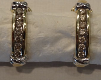 Holiday sale, EARRINGS, DIAMOND J HOOP, Semi circle, channel style earrings, 2.41 grams 14 k yellow gold,.1/2 diamond ct weight